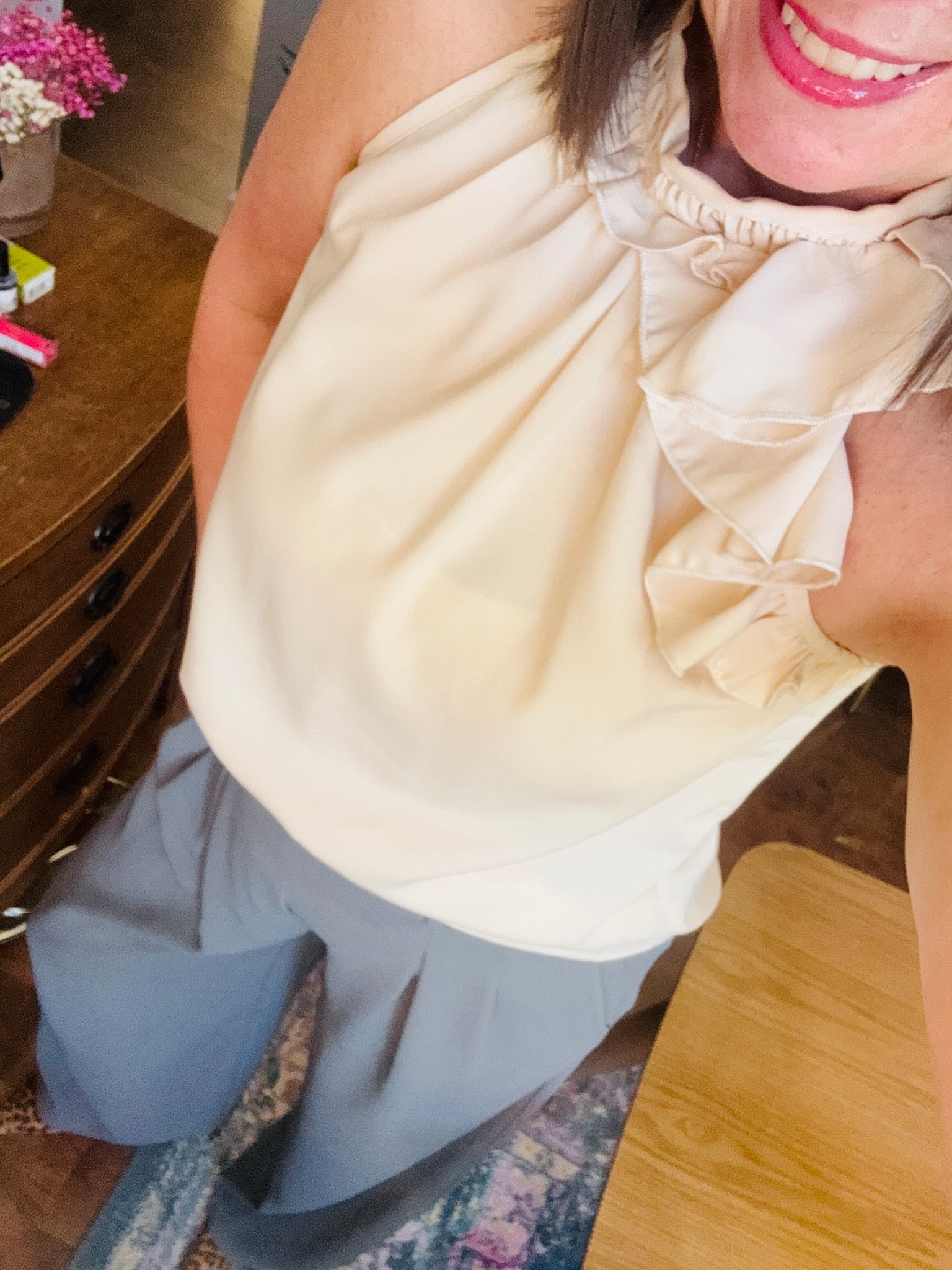 My Tuesday office look!!!  Grey wide leg trousers and apricot ruffle top!!

#LTKOver40 #LTKootd #LTKWorkwear