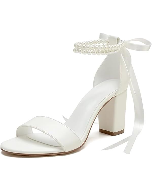 YWXYMGE Block Heel Wedding Shoes for Bride Women Chunky Heeled Sandals Pearl Bridal Shoes | Amazon (US)