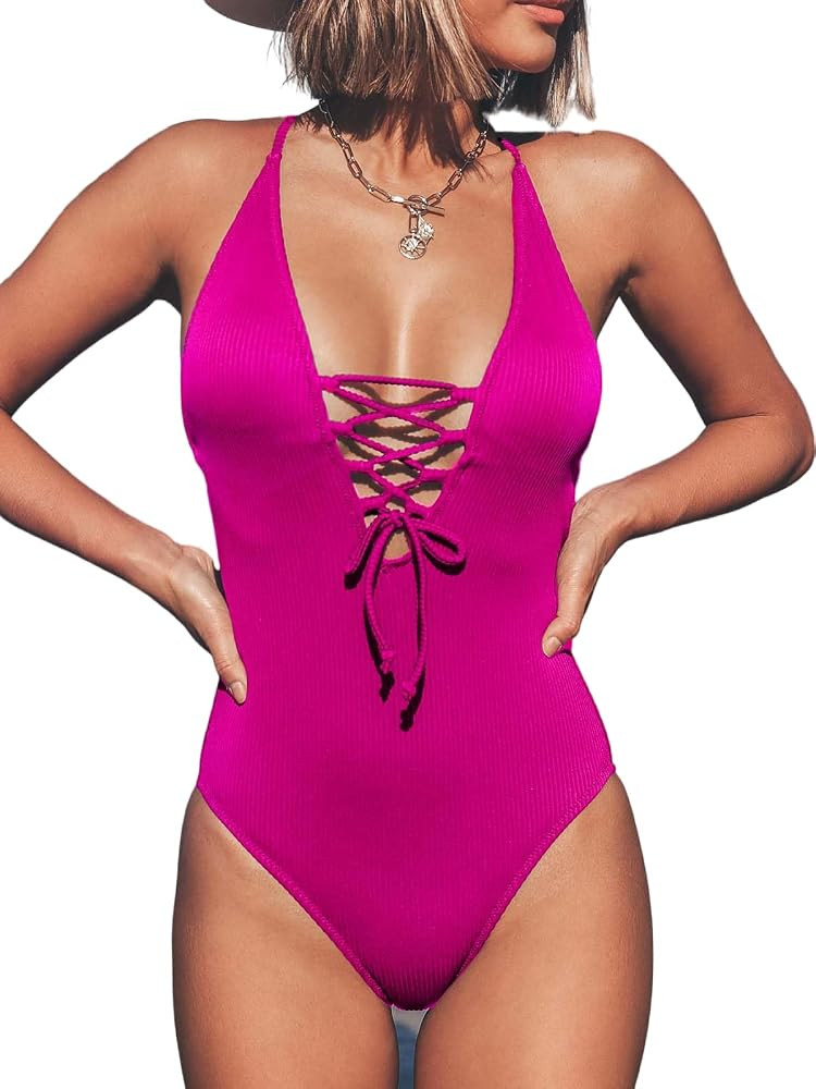 CUPSHE Women's Solid Color V Neck Lace Up One Piece Swimsuit | Amazon (US)