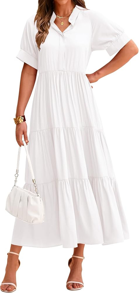 dowerme Women's Summer Dresses 2024 Casual Short Sleeve Button Loose Fit Pleated Boho Flowy Swing... | Amazon (US)
