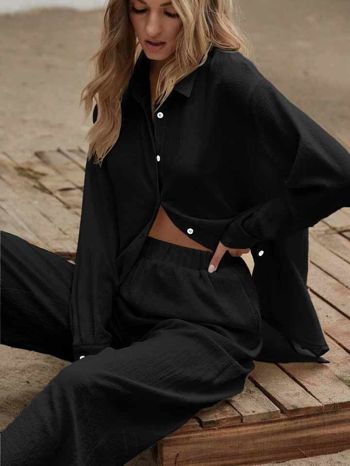 SHEIN Essnce Slit Hem Longline Blouse & Wide Leg Pants Set | SHEIN