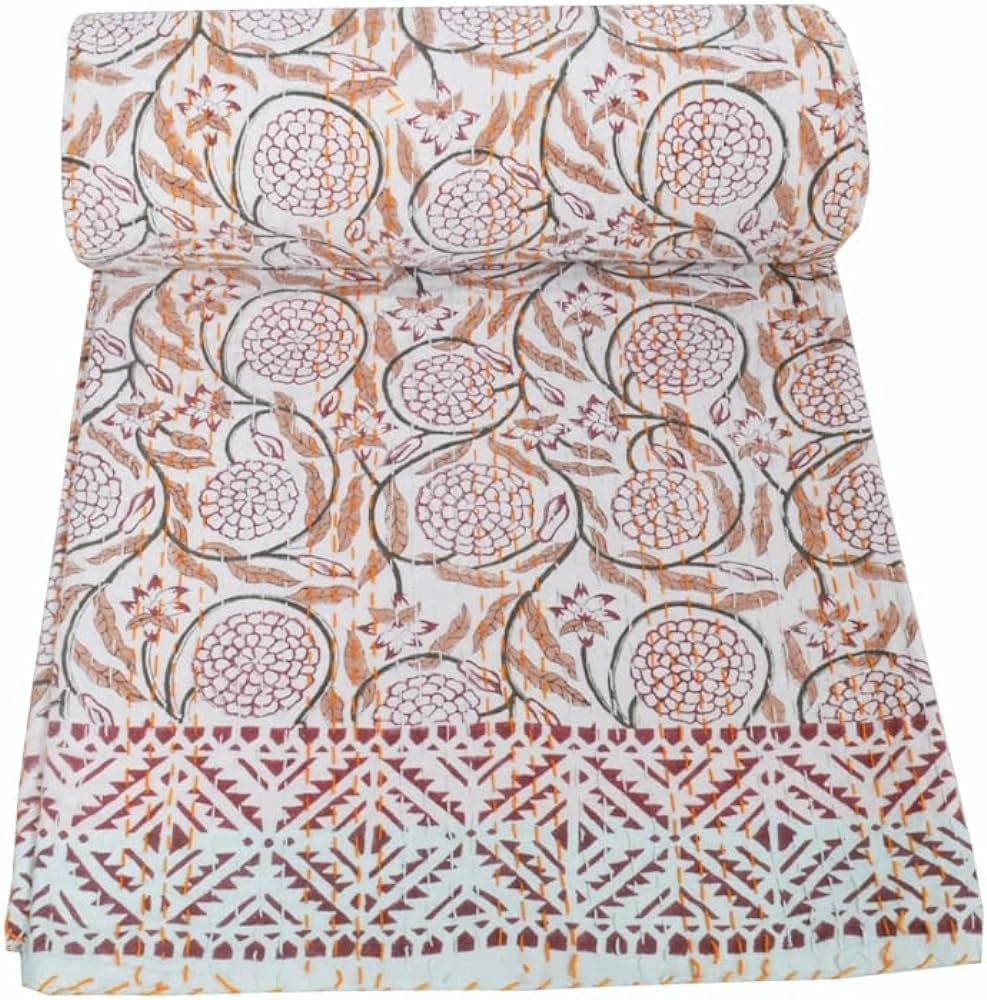 Somukara Indian Cotton Hand Block Print Kantha Quilt King/Queen Size Handmade Blanket Throw Kanth... | Amazon (US)