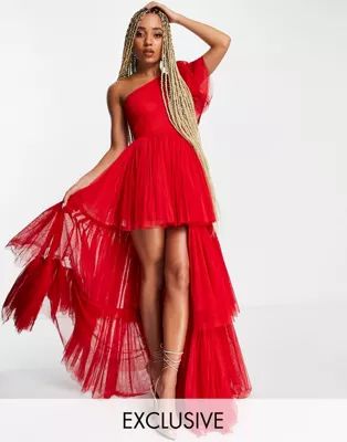 Lace & Beads exclusive one shoulder tiered tulle maxi dress in red | ASOS (Global)