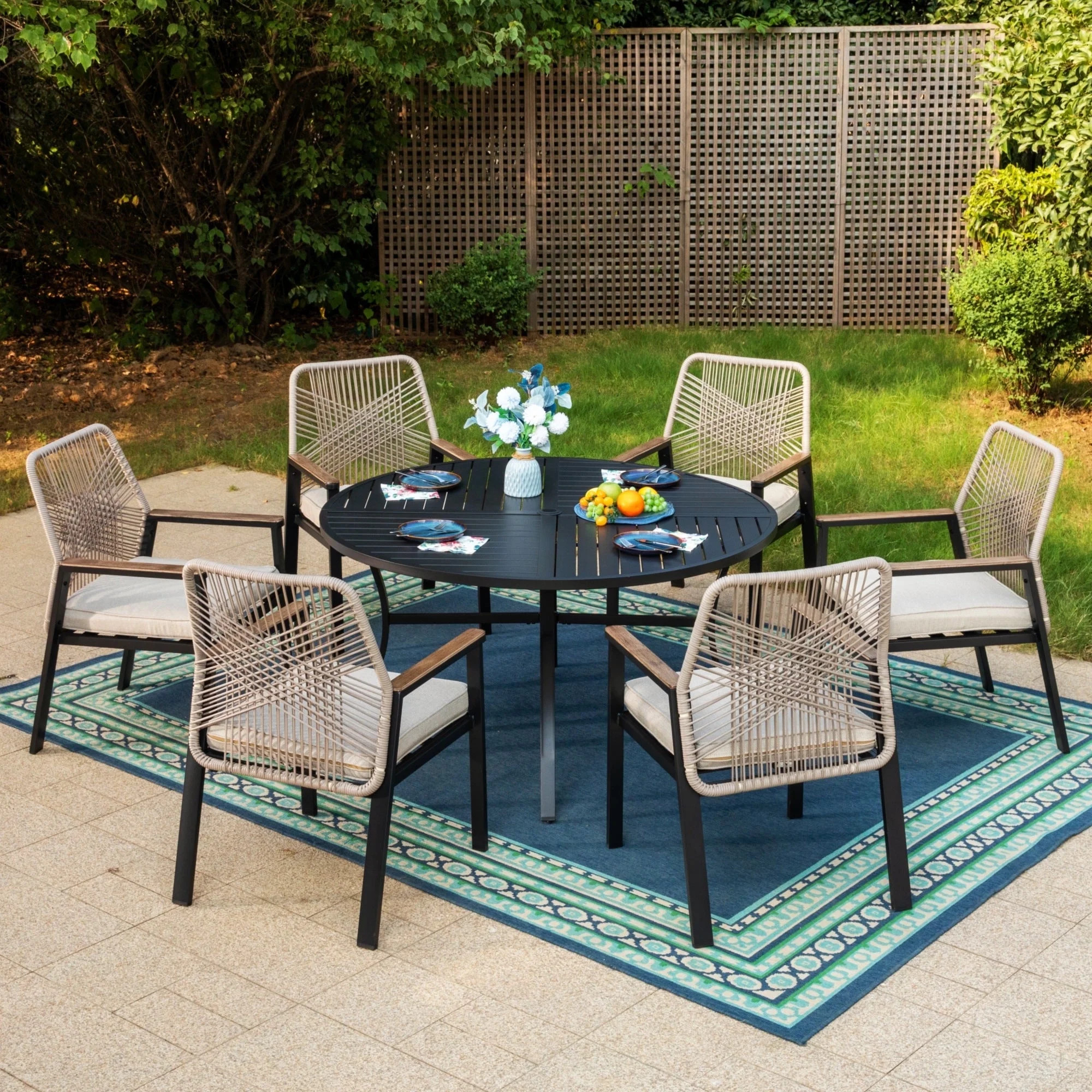 MF Studio 7-Piece Outdoor Dining Set with Large Round Table & Rattan Chairs for 6-Person, Black a... | Walmart (US)