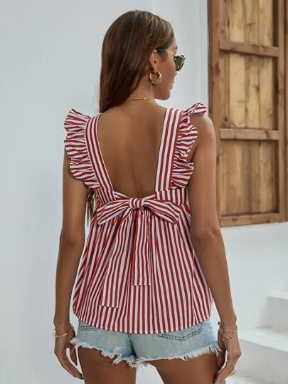 Striped Tie Back Ruffle Top | SHEIN