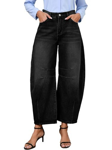 Barrel Jeans for Women Wide Leg Denim Pants Y2k Baggy Boyfriend Jeans with Pockets Black Medium | Amazon (US)