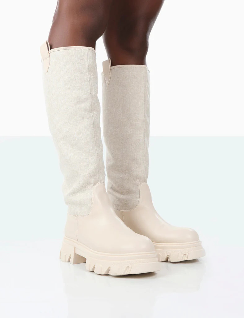 Genius Ecru PU Knee High Linen Chunky Sole Boots | Public Desire (US & CA)