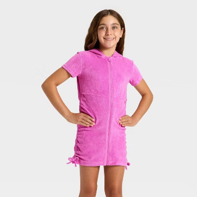 Girls' Side Cinched Terry Zip-Up Swimsuit Cover-Up - Cat & Jack™ Purple XS | Target