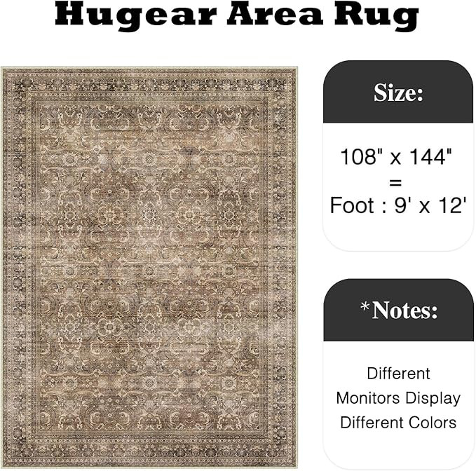Hugear Area Rug 9x12 Vintage Brown Machine Washable Living Room Rugs Distressed Retro Floral Vacu... | Amazon (CA)