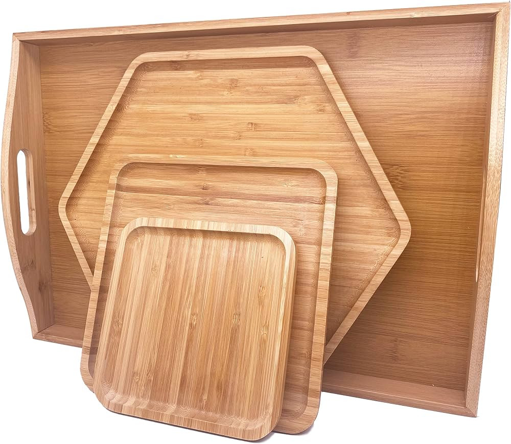Bamboo Serving Trays Charcuterie Platter 16.5"x11.8"（42x30cm with Handle, Set Includes 1xHexago... | Amazon (US)