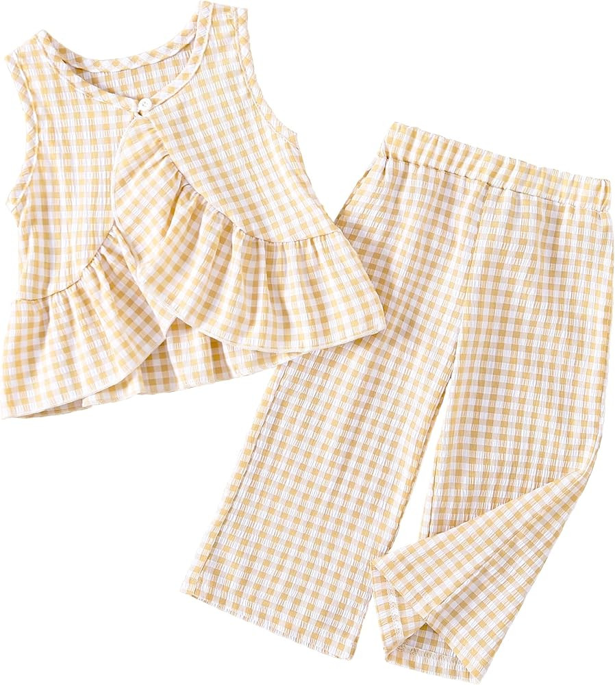 Weebaby Toddler Girl Clothes Infant Summer Outfits Baby Ruffle Tank Top Gingham Loose Pants Kid B... | Amazon (US)
