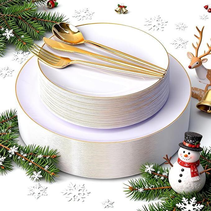 I00000 150PCS White and Gold Plastic Plates with Disposable Silverware for 30 Guests,White Plasti... | Amazon (US)