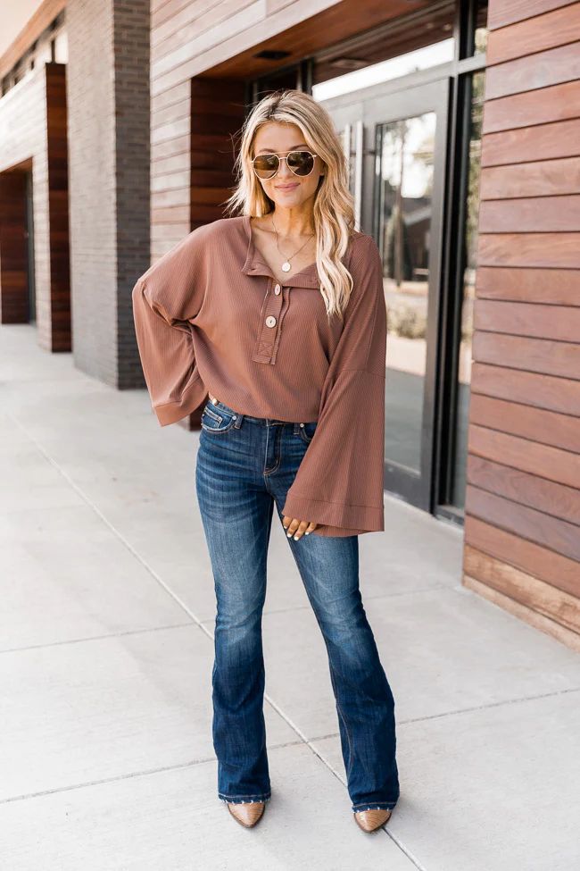 Leave You Hanging Brown Ribbed Henley Bodysuit | The Pink Lily Boutique