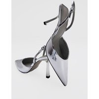 Silver Metallic Point Toe Pu Buckle Strap Mid Heeled Courts | PrettyLittleThing UK