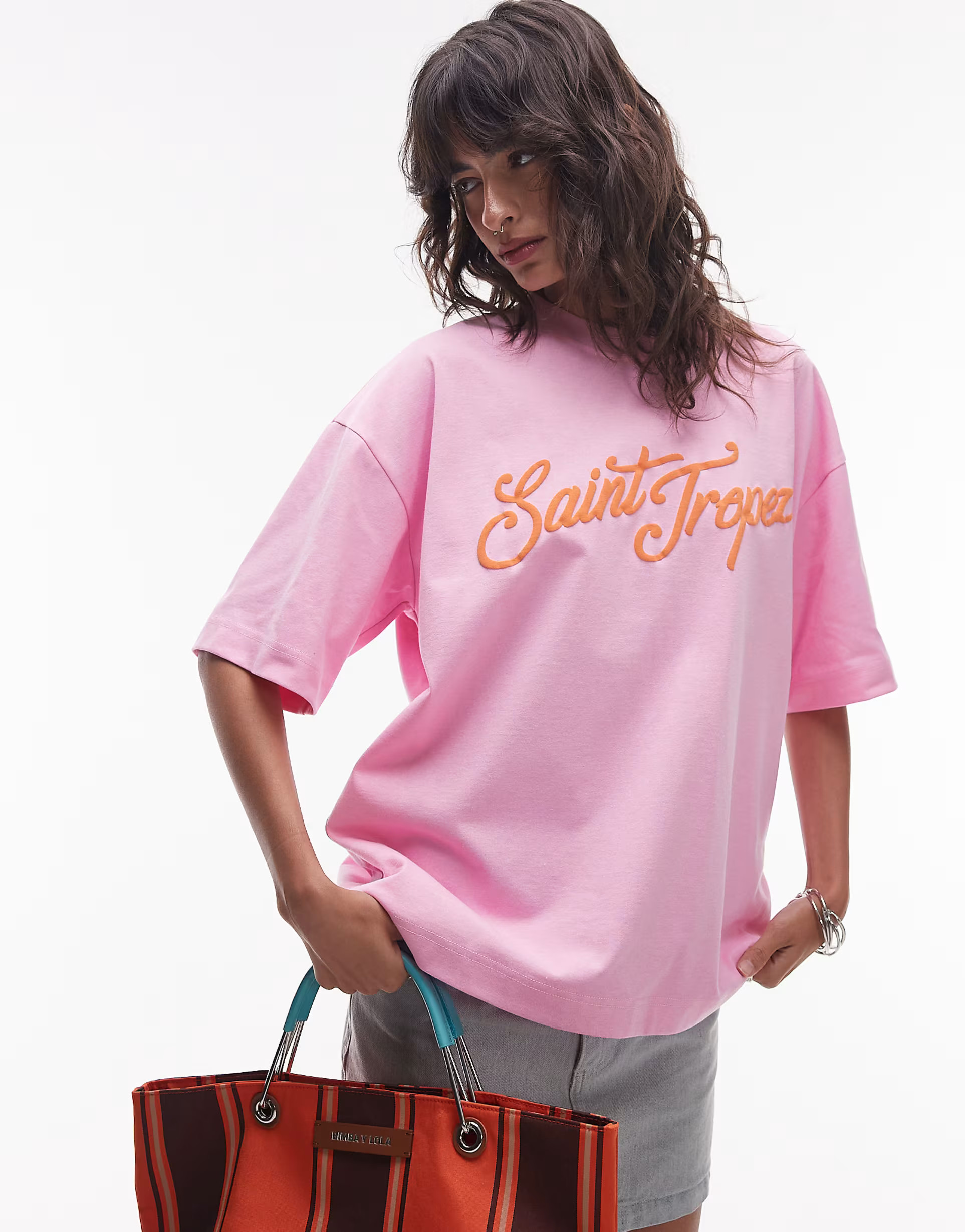 Topshop graphic Saint Tropez puff print oversized tee in pink | ASOS | ASOS (Global)