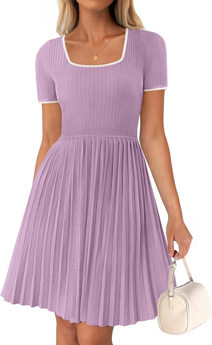 ZESICA Women's Ribbed Square Neck Color Block Pleated Mini Dress Short Sleeve A Line Knit Short D... | Amazon (US)