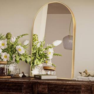 24 in. W x 36 in. H Gold Vanity Arched Wall Mirror Aluminum Alloy Frame Bathroom Mirror | The Home Depot