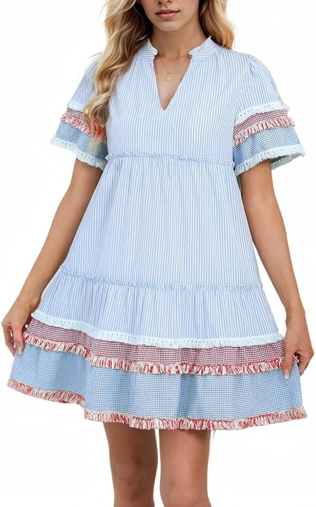Striped Mini Dress A Line Tiered Babydoll Dress | Amazon (US)