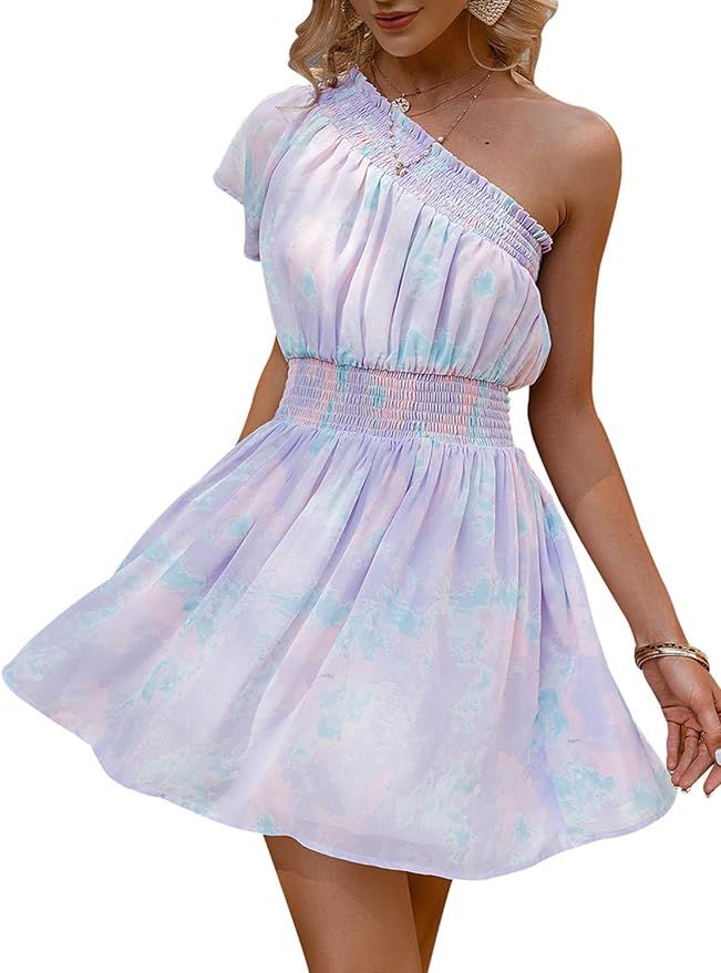 Lenmotte Women's Summer One Shoulder Ruffle Mini Dress Floaral Print A Line Short Dress | Amazon (US)