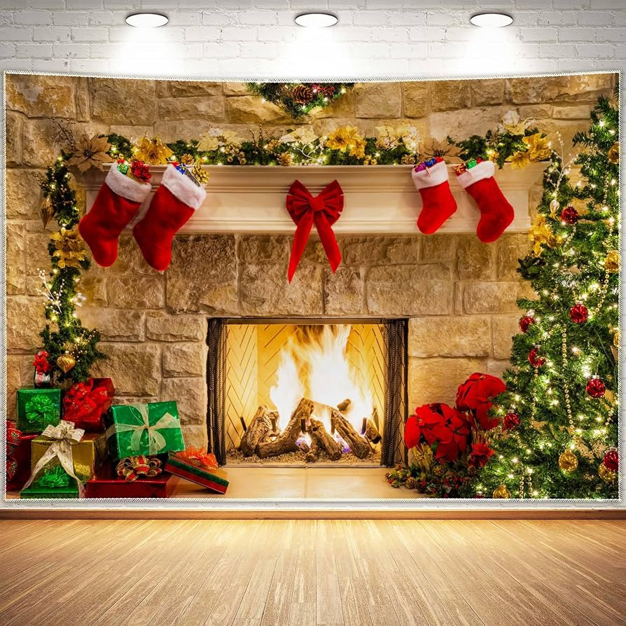 7x5ft Christmas Fireplace Theme Backdrop for Photography Tree Sock Decorations for Xmas Party Sup... | Amazon (US)