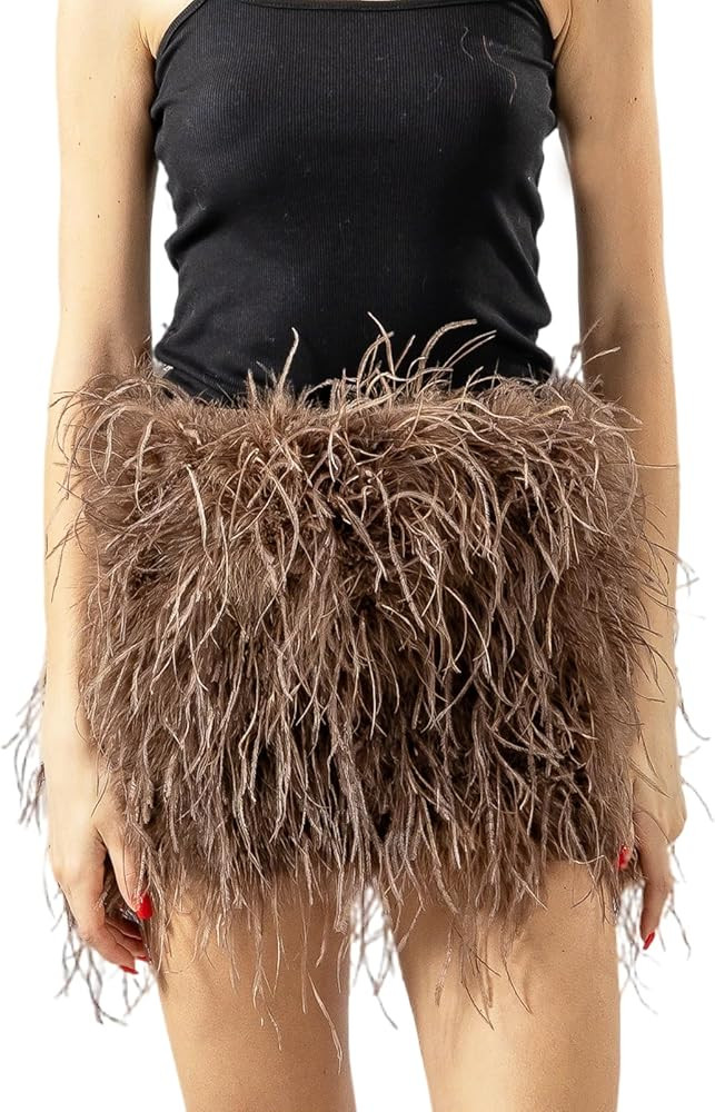 LVCOMEFF Women Ostrich Feather Mini Skirt Hot Elastic Waist Furry Booty Party Club Luxury | Amazon (US)