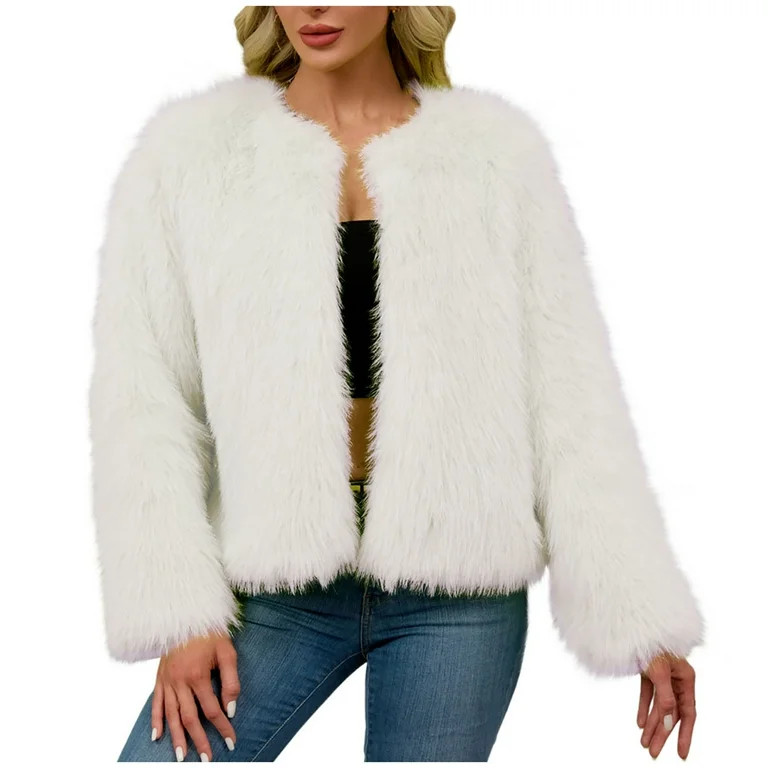 Nfurl Women's Faux Fur Short Jackets Winter Warm Fluffy Long Sleeve Open Front Cropped Jacket Coz... | Walmart (US)