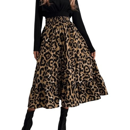 One opening Women s Leopard Print Long Skirts Elastic High Waisted Plus Size Bohemian Maxi Skirt | Walmart (US)