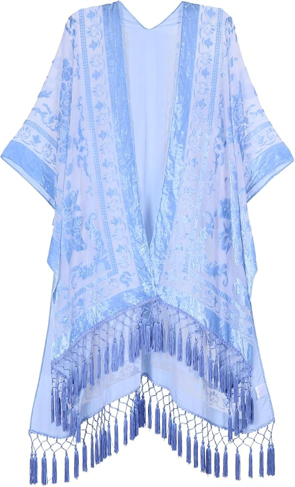 Women's Burnout Velvet Kimono Long Cardigan Cover Up With Tassel | Amazon (US)