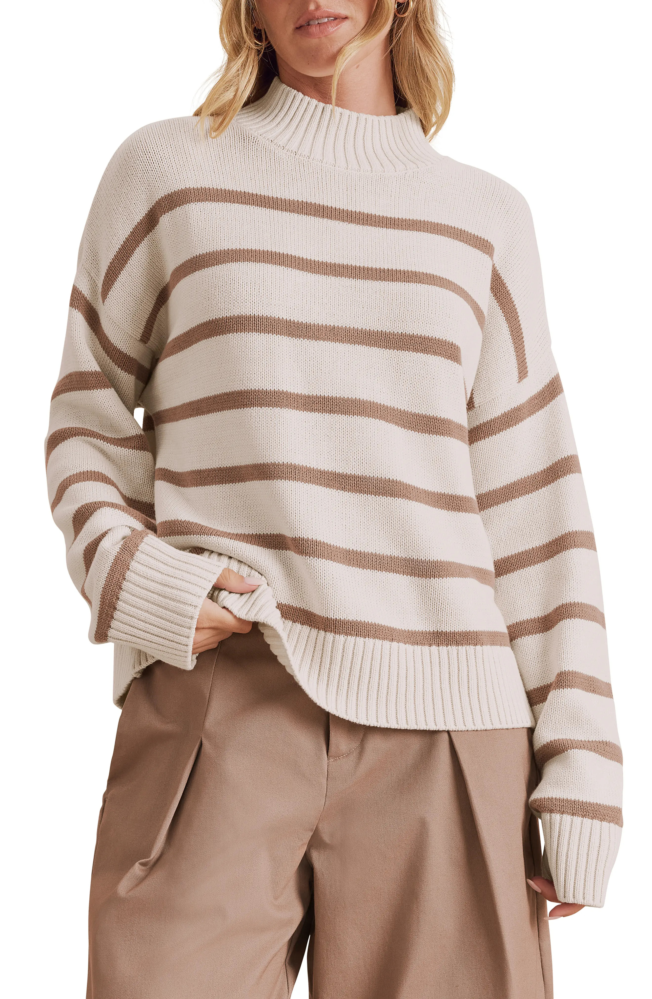 Splendid Nora Stripe Mock Neck Sweater in Pale Oak Heather/taupe at Nordstrom, Size Medium | Nordstrom