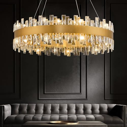 AioTio Modern Crystal Chandelier, Gold Round Chandelier for Dining Room,2-Tiers K9 Crystal Drum Pendant Light Fixture, D31.5 Farmhouse Raindrop Contemporary Ceiling Light for Living Room,Bedroom | Amazon (US)