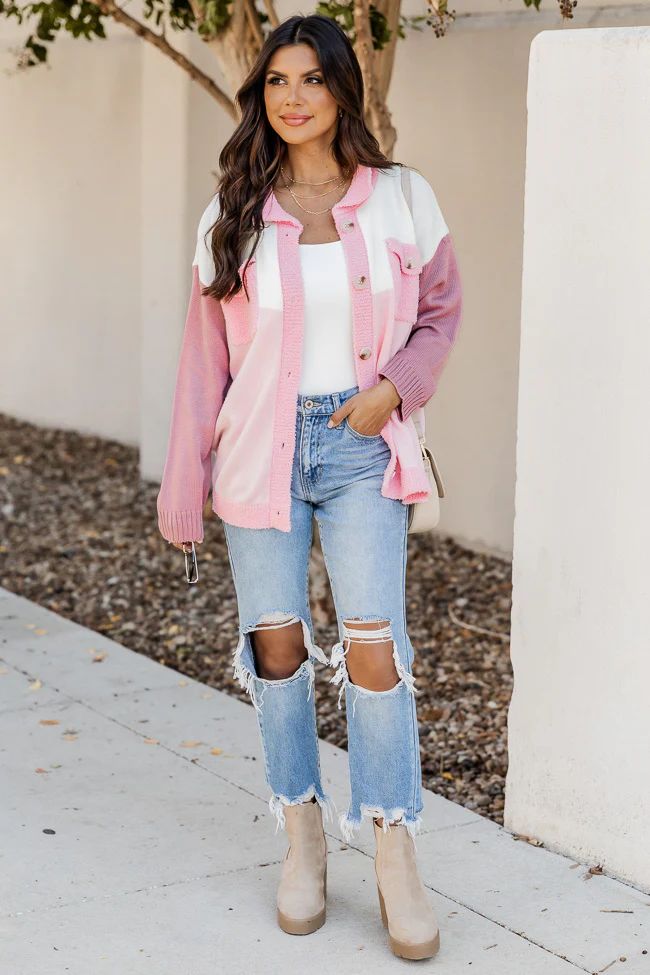 Sounds Good To Me Pink And Ivory Colorblock Knit Shacket | Pink Lily