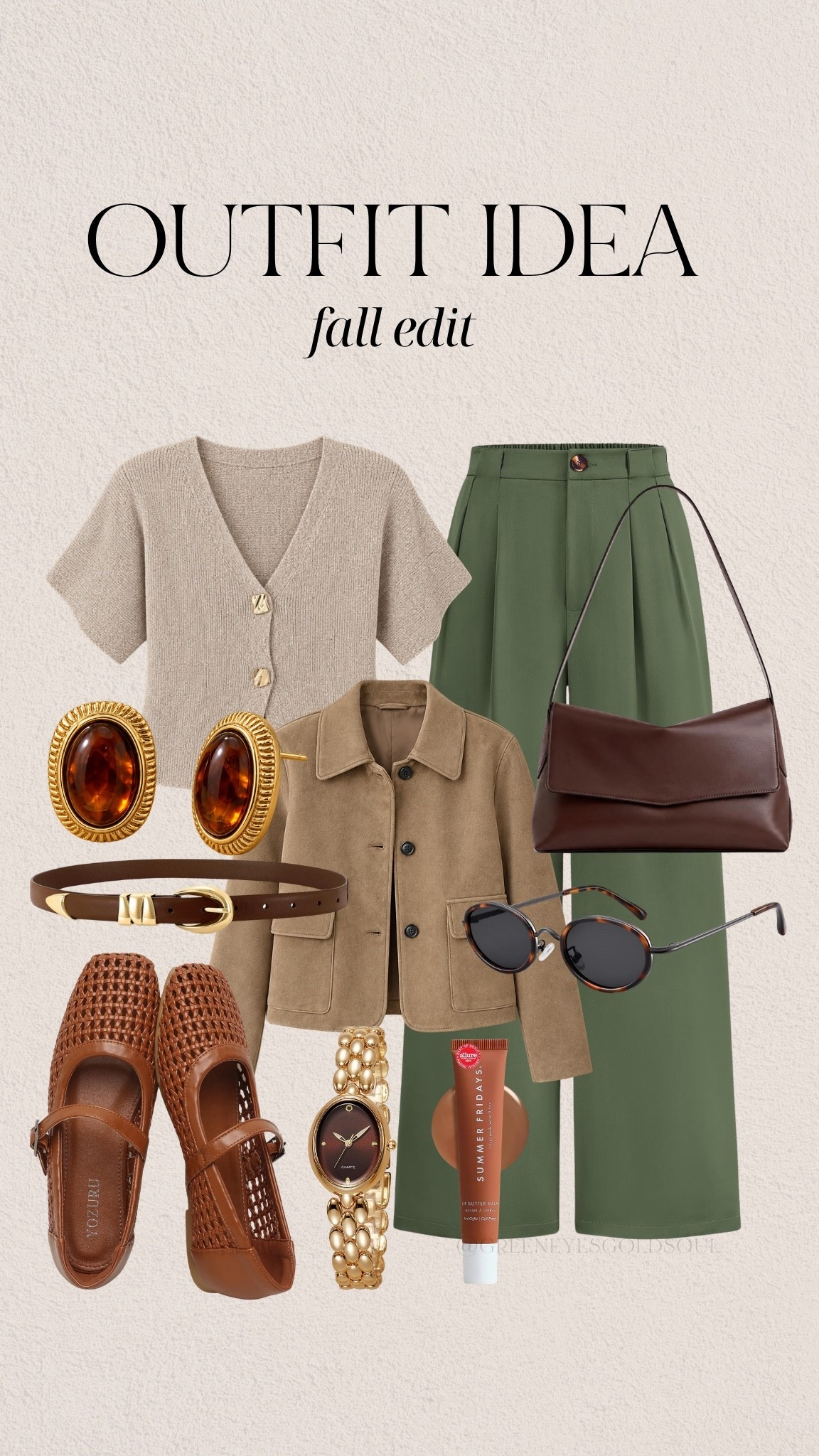 This fall color combo 😍 Olive green, warm camel and chocolate brown look so good together for an elevated everyday outfit. Add woven flats, gold accessories and a suede inspired jacket for an easy look that works now and well into fall.

fall outfit idea, fall outfits for women, olive green pants, green trousers, neutral fall outfit, elevated casual outfit, classic fall style, fall capsule wardrobe, fall workwear, business casual outfit, brown accessories, chocolate brown bag, camel jacket, suede jacket, woven flats, Mary Jane flats, fall accessories, gold jewelry, transitional fall outfit, chic fall outfit

#FallOutfit #FallFashion #FallStyle #FallOutfits #FallWardrobe #FallWorkwear

#LTKootd #LTKSeasonal #LTKWorkwear