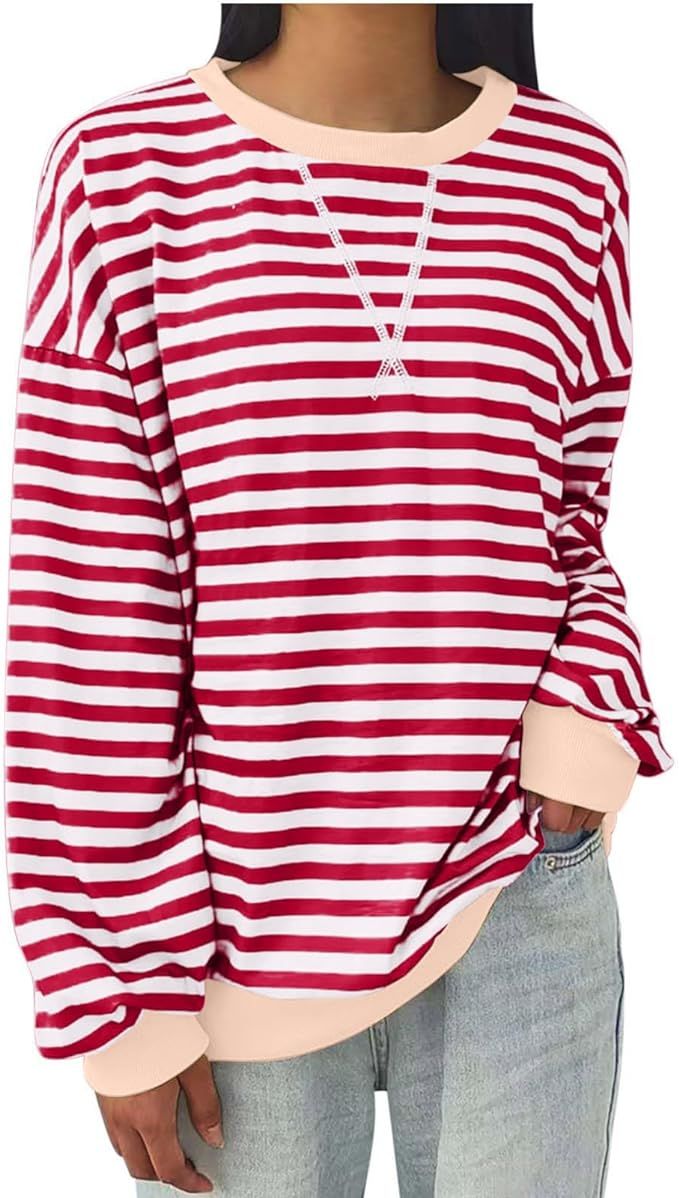 Womens Striped Oversized Sweatshirt Color Block Crew Neck Long Sleeve Shirt Casual Loose Pullover... | Amazon (US)