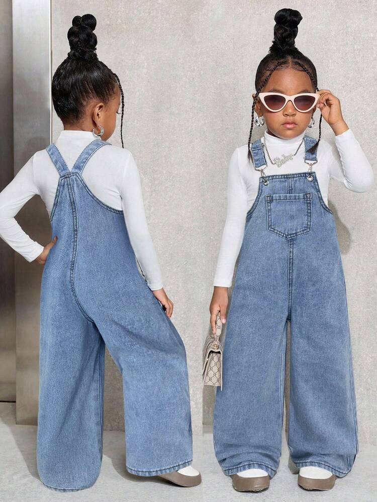 SHEIN Young Girl Fashionable Sleeveless Loose Casual Dark Blue Denim Bib Pants | SHEIN