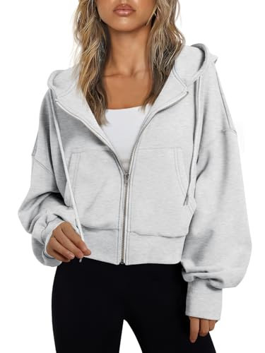 Trendy Queen Hoodies for Women Full Zip Up Cropped Sweatshirts Jackets Casual Comfy Gym Tops Fall Outfits Winter Clothes 2026 Cute Y2k Fleece Sweaters Teen Girls Pullover Grey L | Amazon (US)