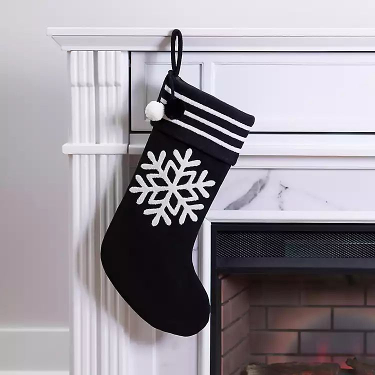 New!Black Snowflake Pom Pom Stocking | Kirkland's Home