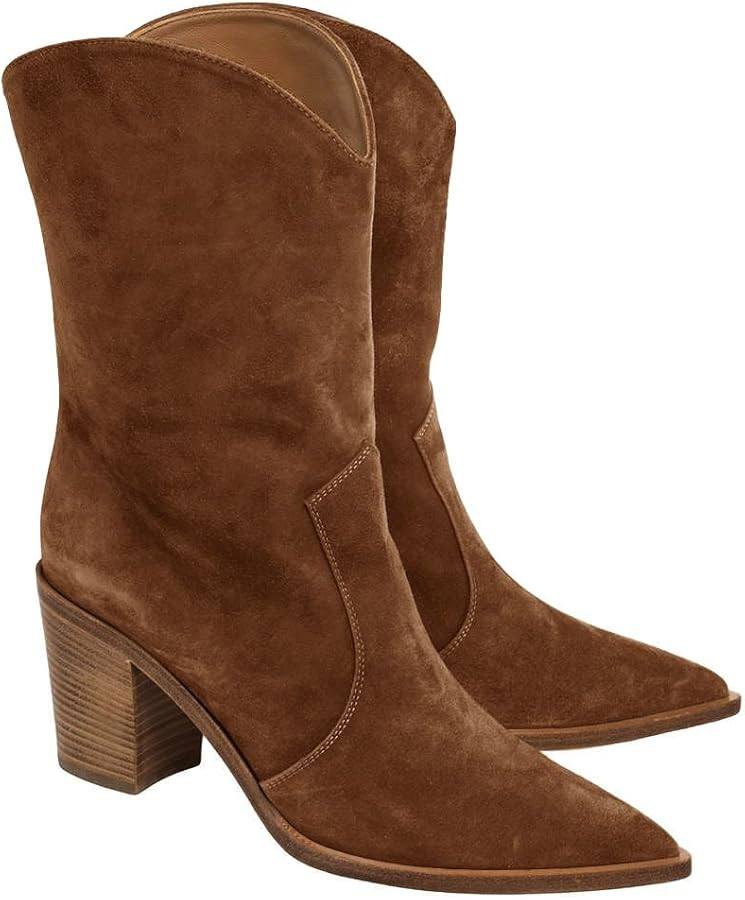 Coutgo Womens Cowboy Mid Calf Boots Chunky Block Heel Pointed Toe Suede Western Cowgirl Boots | Amazon (US)