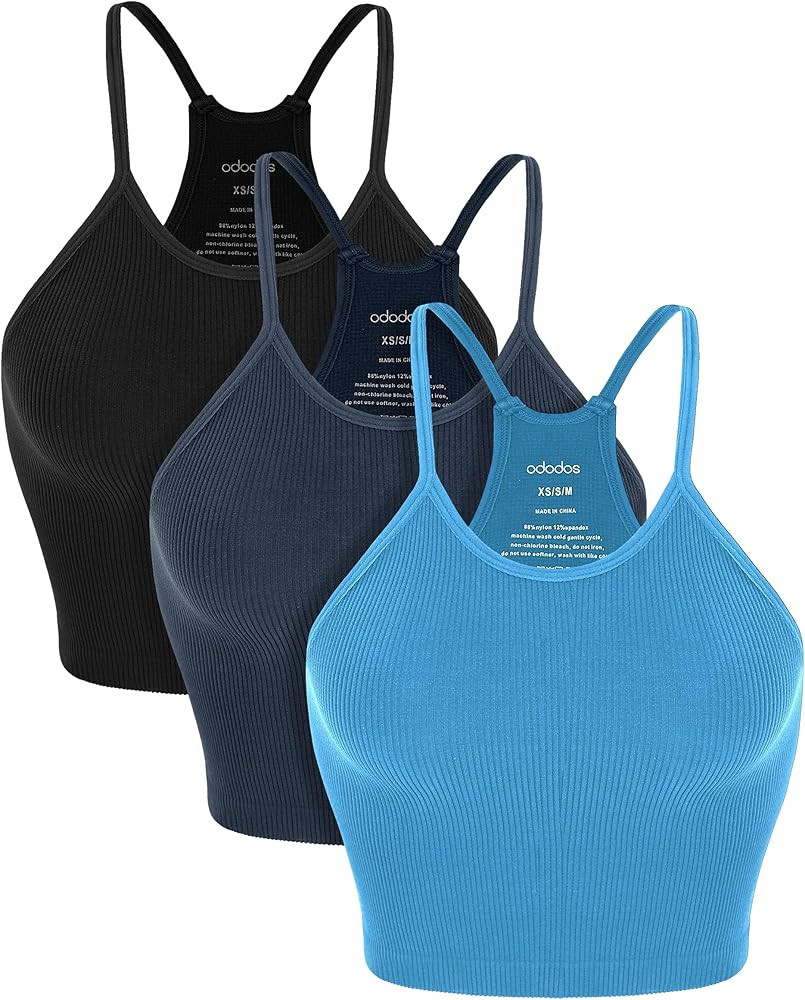 ODODOS Women's Crop 3-Pack Washed Seamless Rib-Knit Camisole Crop Tank Tops | Amazon (US)
