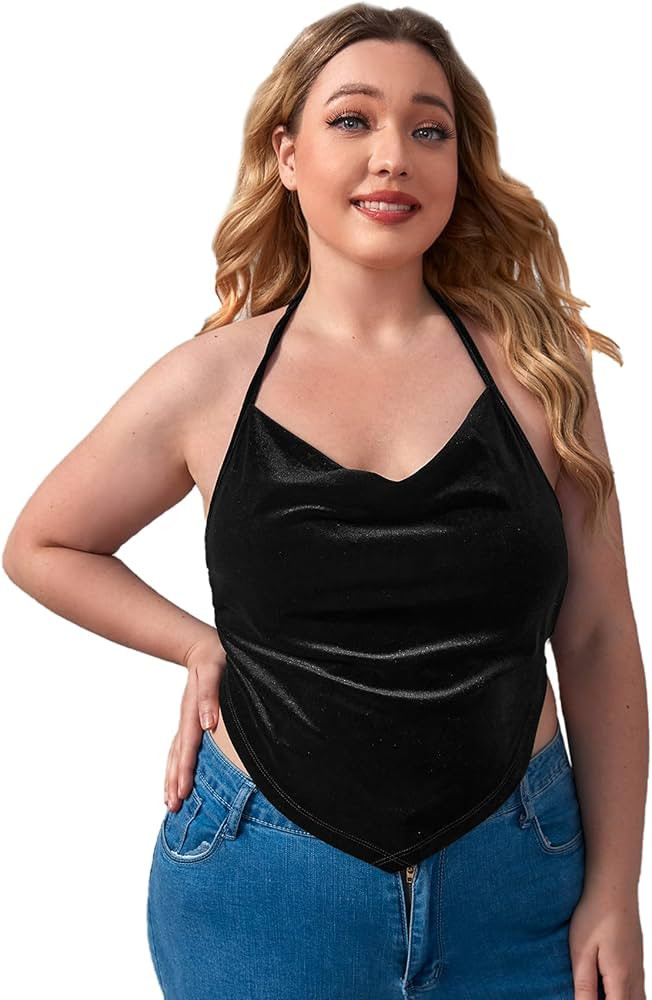SheIn Women's Plus Cowl Neck Draped Halter Top Asymmetrical Tie Backless Cami Bandana | Amazon (US)