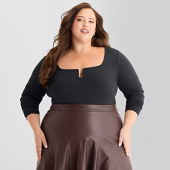 new!Ashley Graham Wire Notch Womens Plus Scoop Neck Long Sleeve T-Shirt | JCPenney