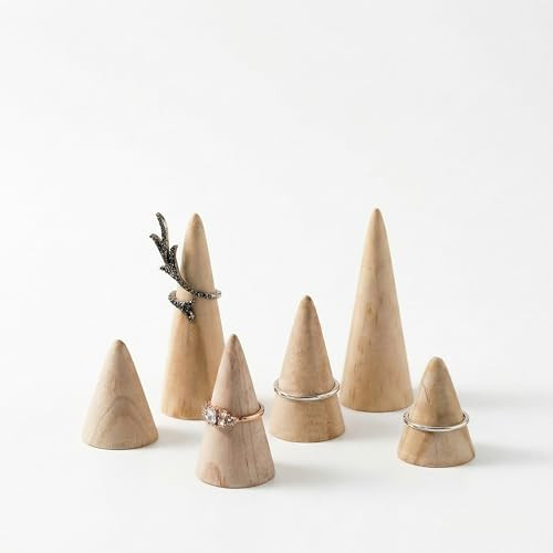 6Pcs Wood Ring Holder 3 Sizes Wooden Cone Display Stand for Men Womens Jewelry Engagement Wedding... | Amazon (US)
