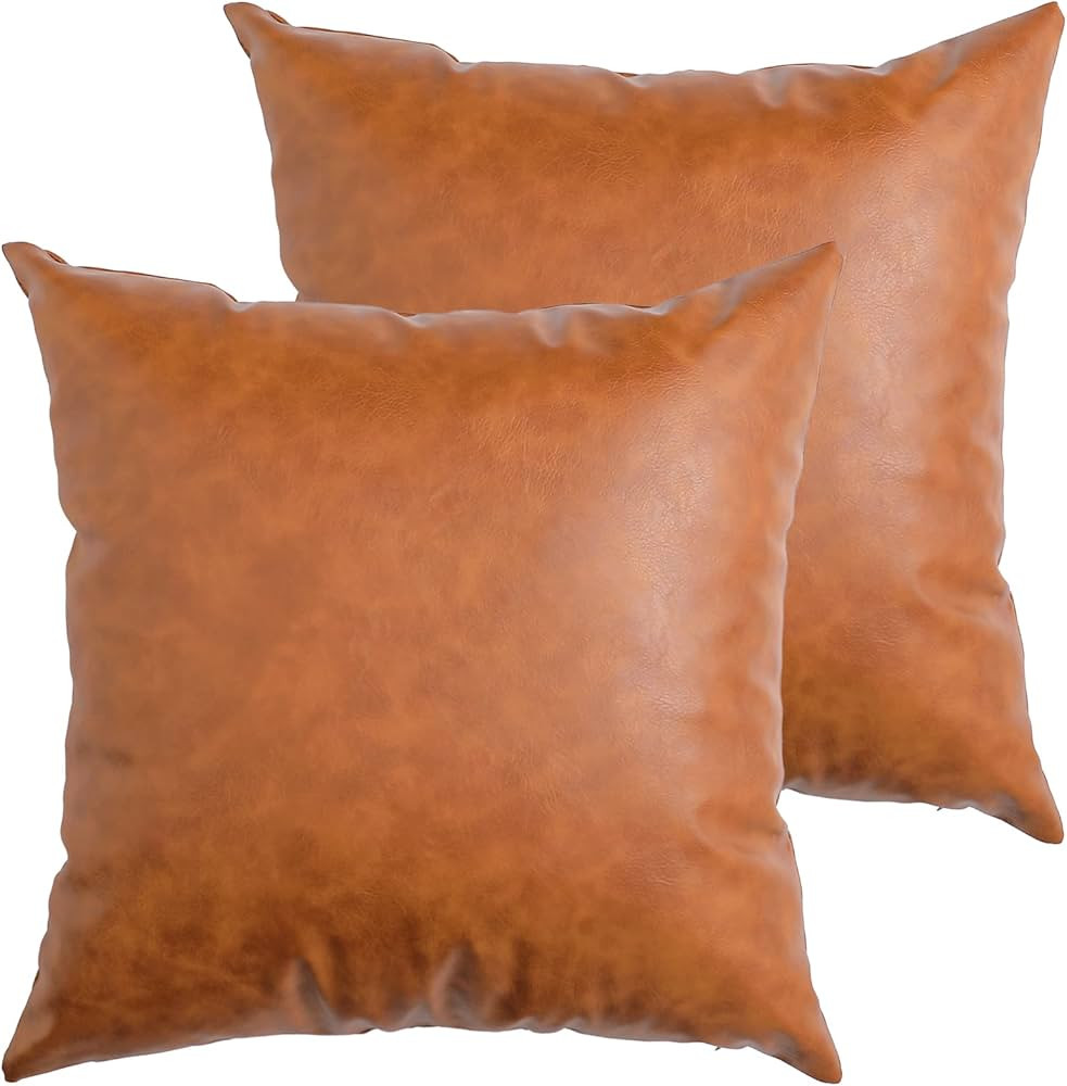 Set of 2 Faux Leather Throw Pillow Covers, Modern Brown Outdoor Cushion Covers Decorative Pillowc... | Amazon (US)