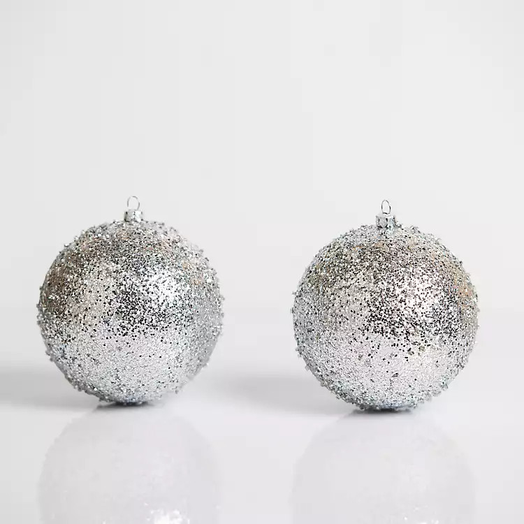 Silver Glitter Beaded 2-pc. Ornament Set, 4 in. | Kirkland's Home
