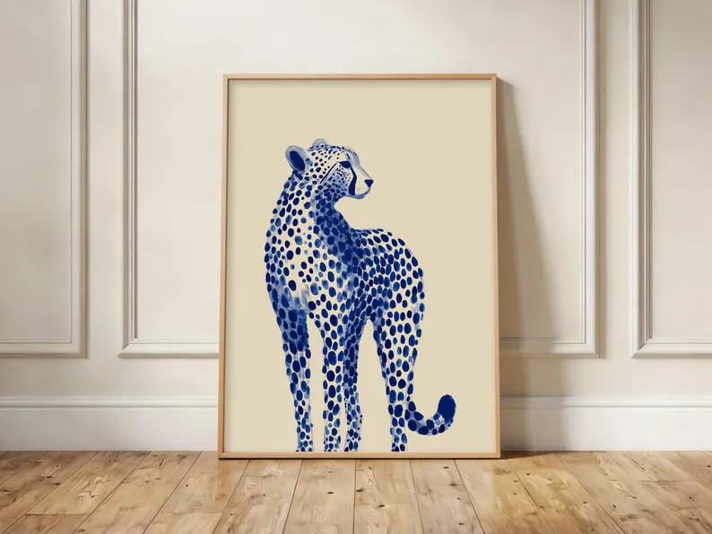 Cheetah Chinoiserie Print, Blue White Safari Wall Art, Elegant Animal Decor - Etsy | Etsy (Global)