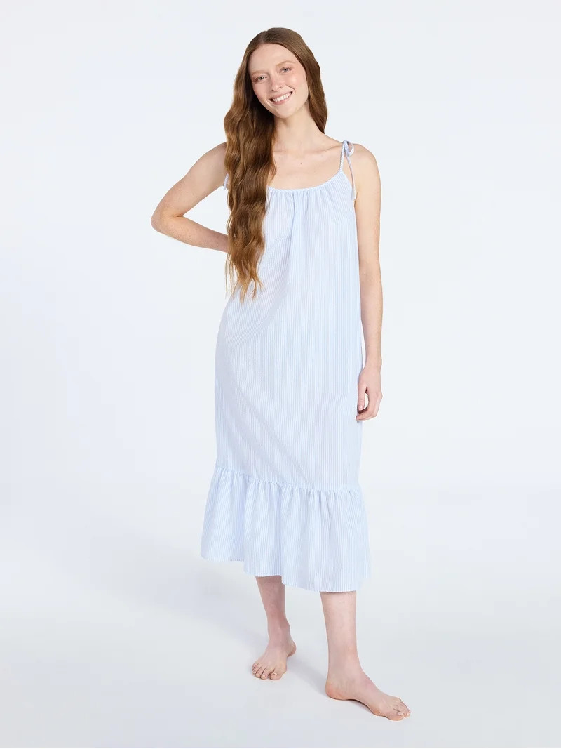 Joyspun Women's Seersucker Midi Sleep Gown with Shoulder Tie, Sizes XS to 3X | Walmart (US)
