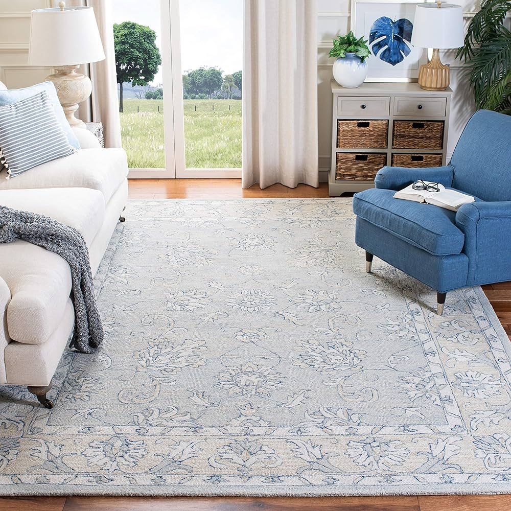 SAFAVIEH Micro-Loop Collection Area Rug - 8' x 10', Blue & Beige, Handmade Wool, Ideal for High T... | Amazon (US)