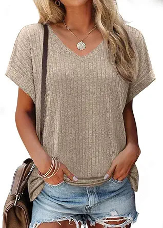 JUSTFASHIONNOW Womens Summer Tops V Neck Sweater Dolman Short Sleeve Shirts | Side Split, Dressy ... | Amazon (US)