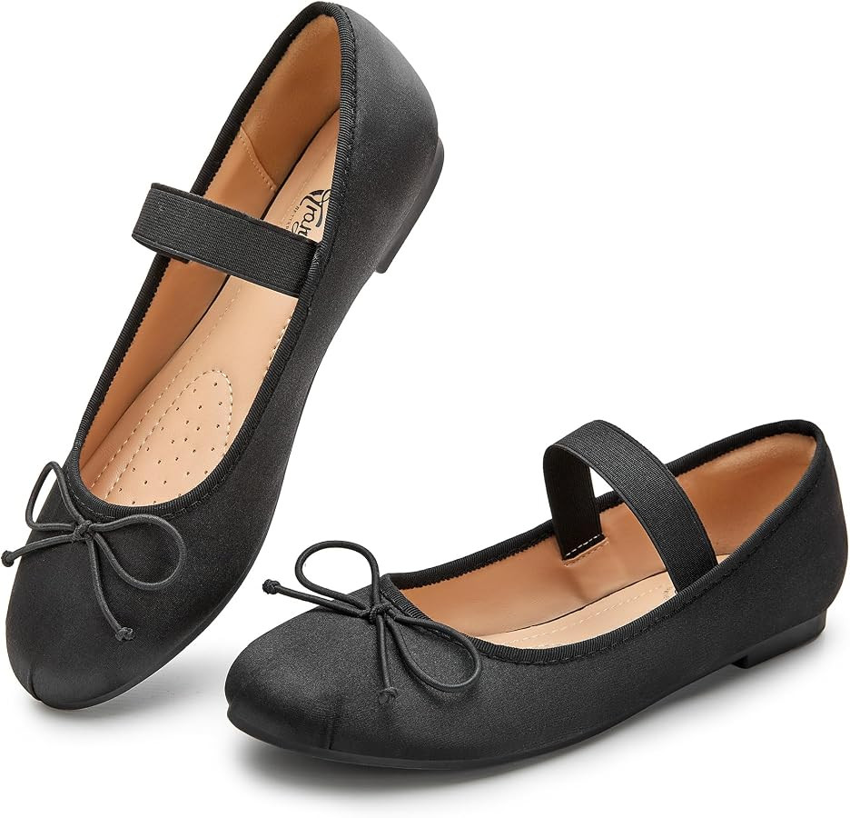 Trary Flats for Women Closed Round Toe Ballet Flats Mary Jane Shoes Women with Elastic Strap Cute... | Amazon (US)
