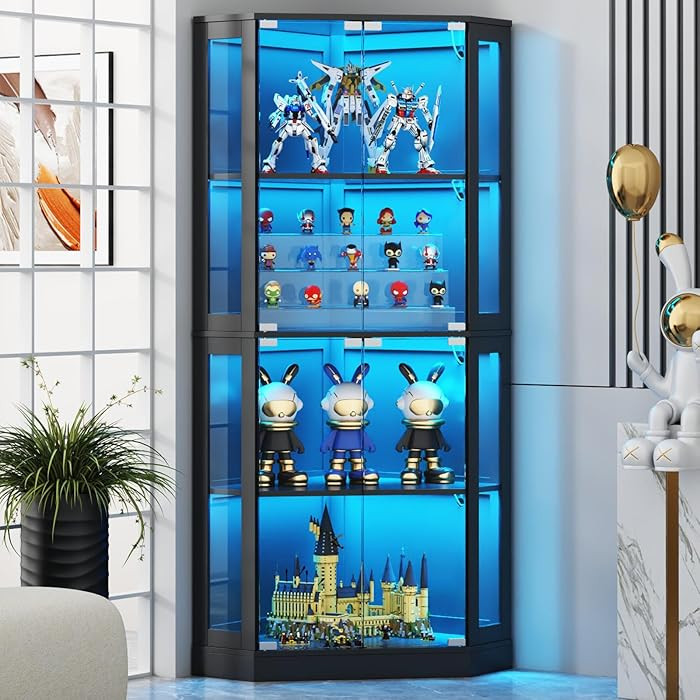 Corner Display Cabinet with Multi-Color LED Lights, Modern Curio Cabinet with Glass Doors, 4 Tier... | Amazon (US)