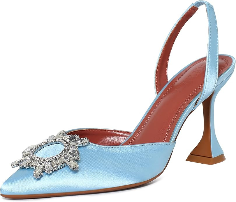 Women's High Heeled Sandals Pointed Toe Crystal Satin Rhinestone Backless Slingback Stiletto Slip... | Amazon (US)